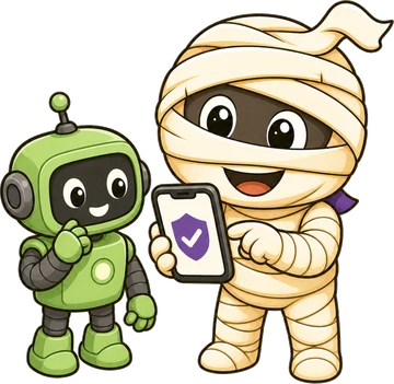 Mummy mascot and a green robot looking at a protected phone