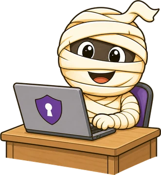 Mummy mascot using a laptop with a shield on the screen