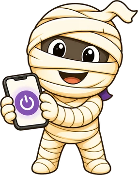 Mummy mascot holding an iPhone with a big Connect button