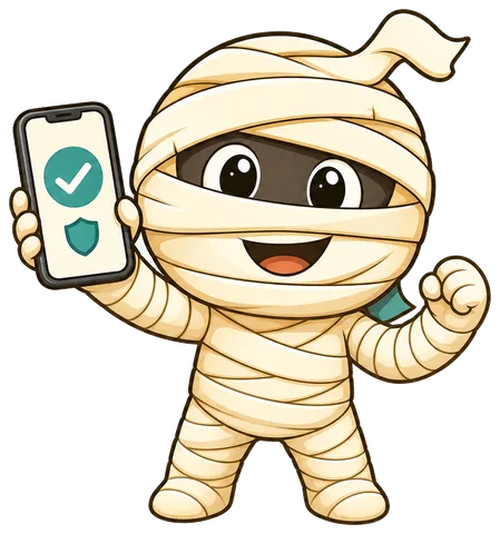Mummy mascot with phone showing VPN connected