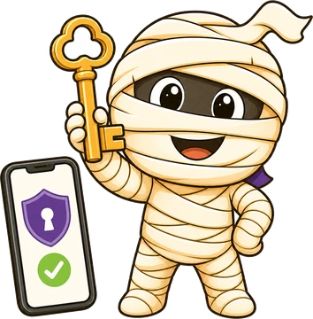 Mummy mascot holding a golden key next to a connected phone