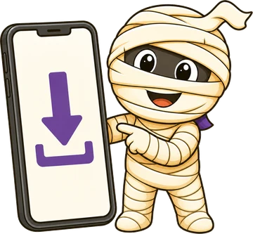Mummy mascot pointing at a phone downloading the AmneziaVPN app