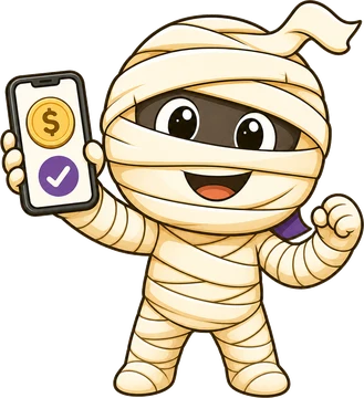 Mummy mascot holding a phone with a completed payment